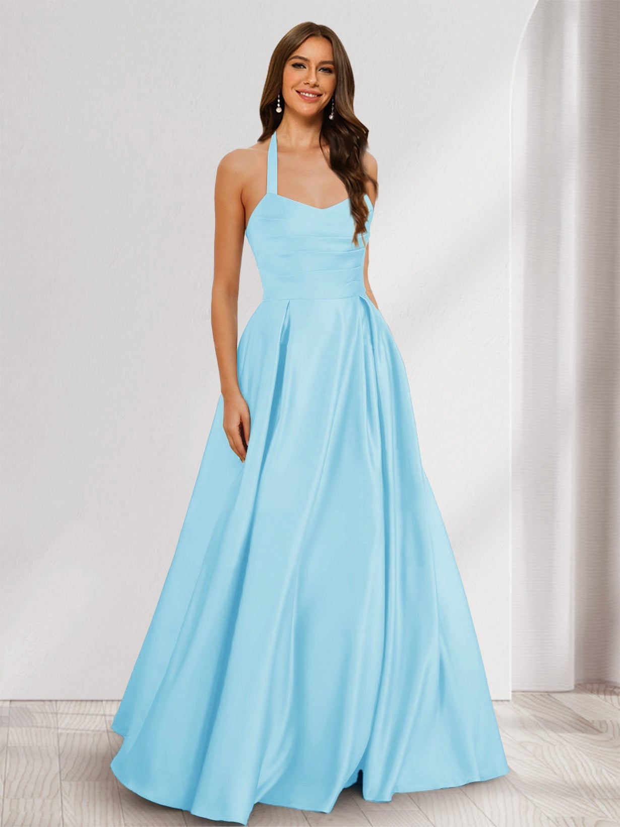A-Line/Princess Halter Sleeveless Ruched Bridesmaid Dresses Sky Blue