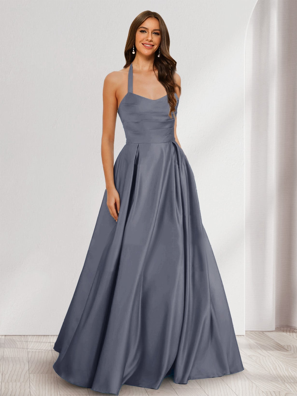 A-Line/Princess Halter Sleeveless Ruched Bridesmaid Dresses Stormy Blue