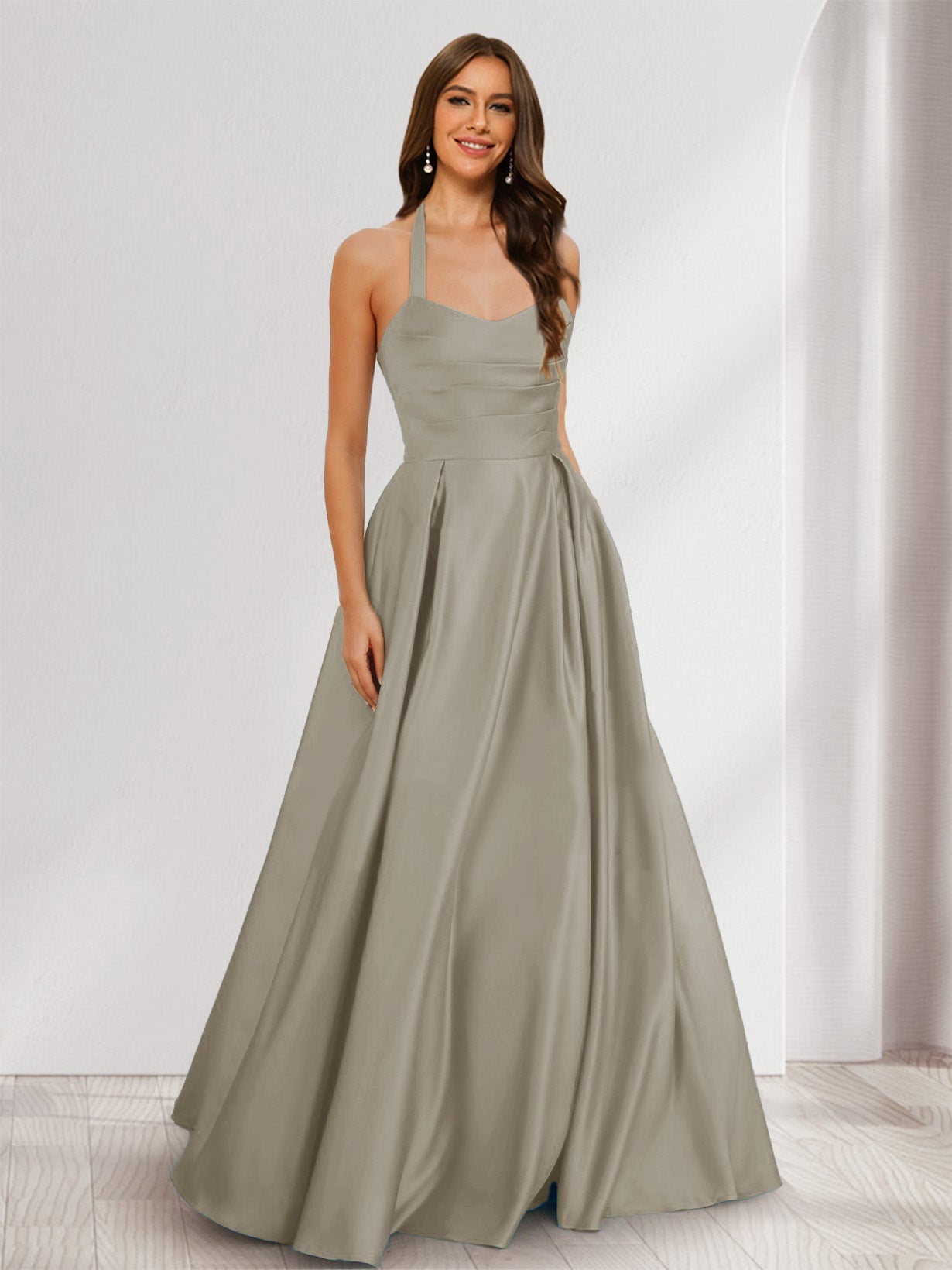 A-Line/Princess Halter Sleeveless Ruched Bridesmaid Dresses Taupe
