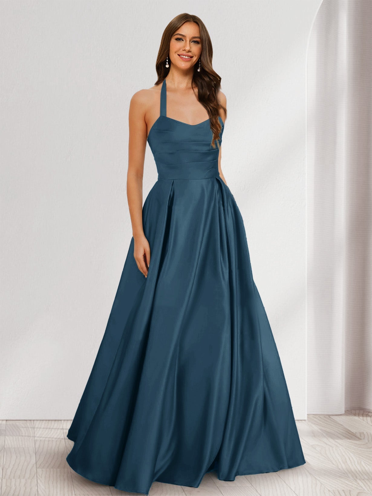 A-Line/Princess Halter Sleeveless Ruched Bridesmaid Dresses Teal
