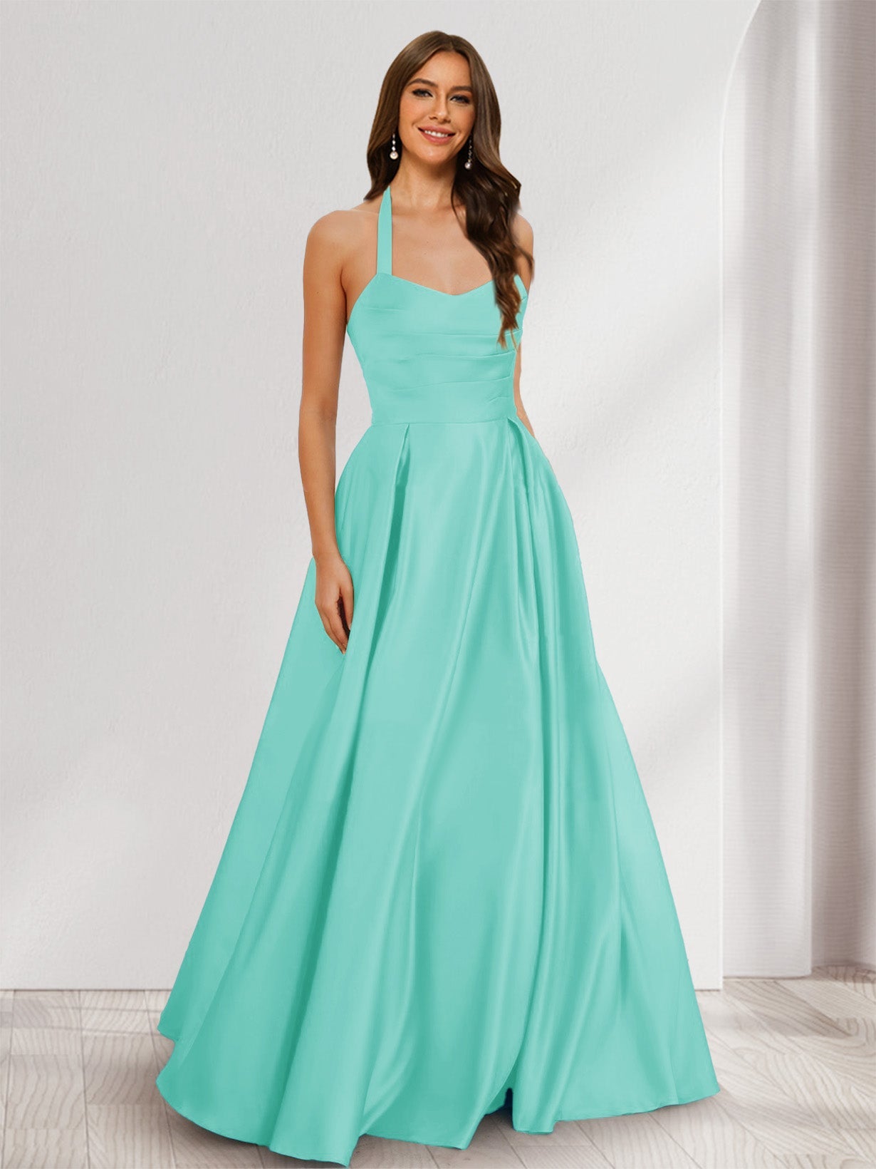 A-Line/Princess Halter Sleeveless Ruched Bridesmaid Dresses Turquoise