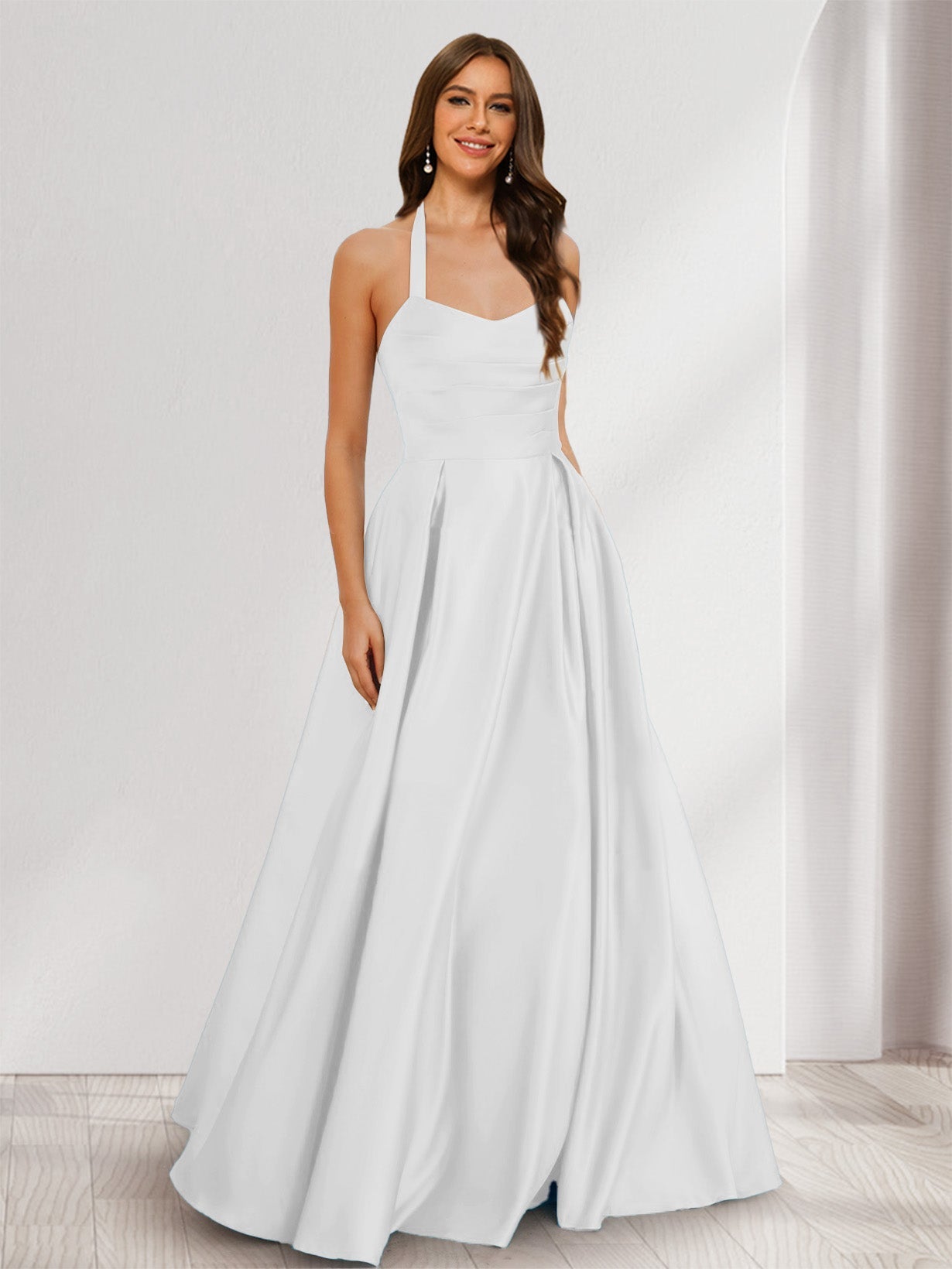 A-Line/Princess Halter Sleeveless Ruched Bridesmaid Dresses White