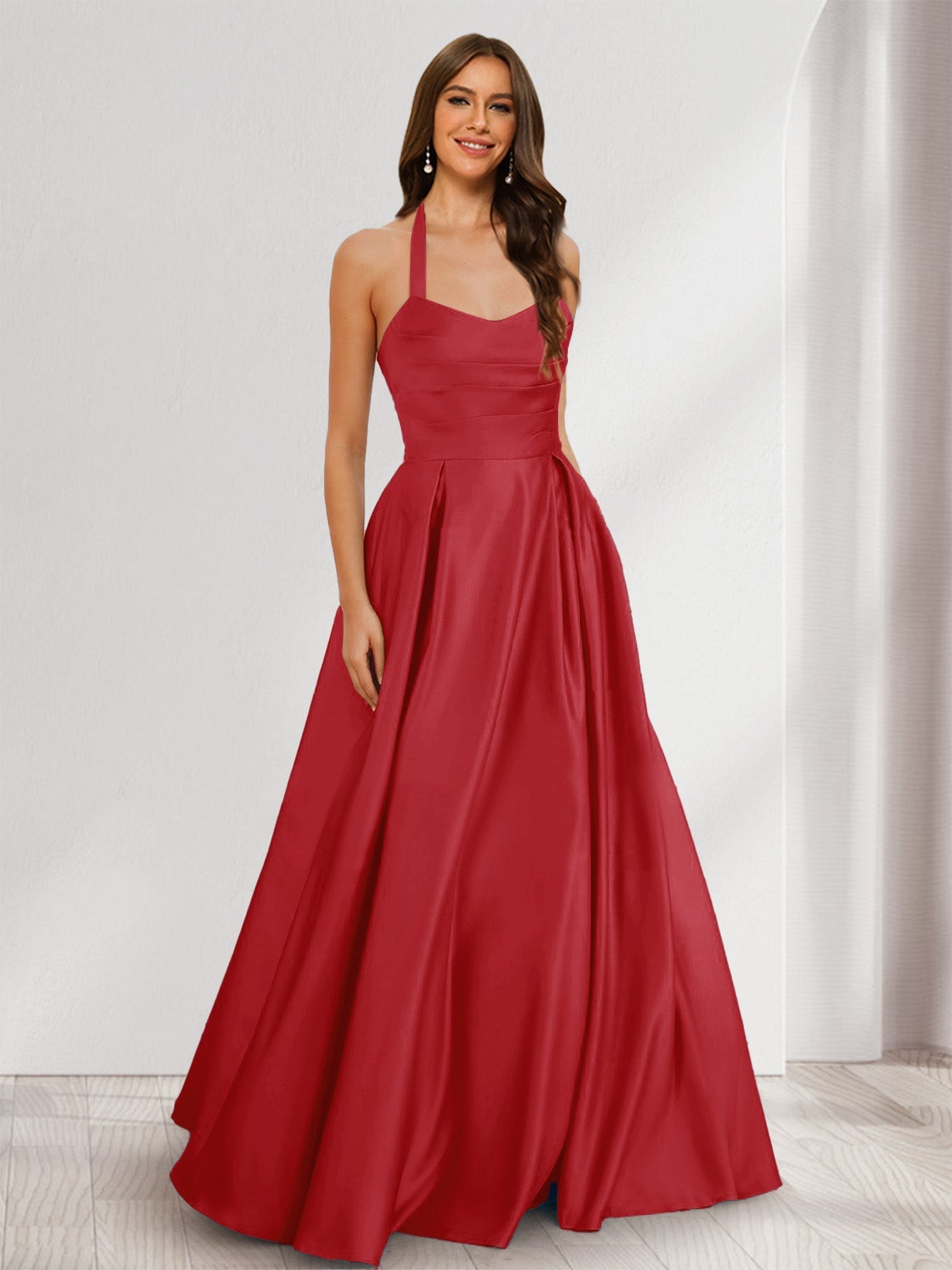 A-Line/Princess Halter Sleeveless Ruched Bridesmaid Dresses Wine Red