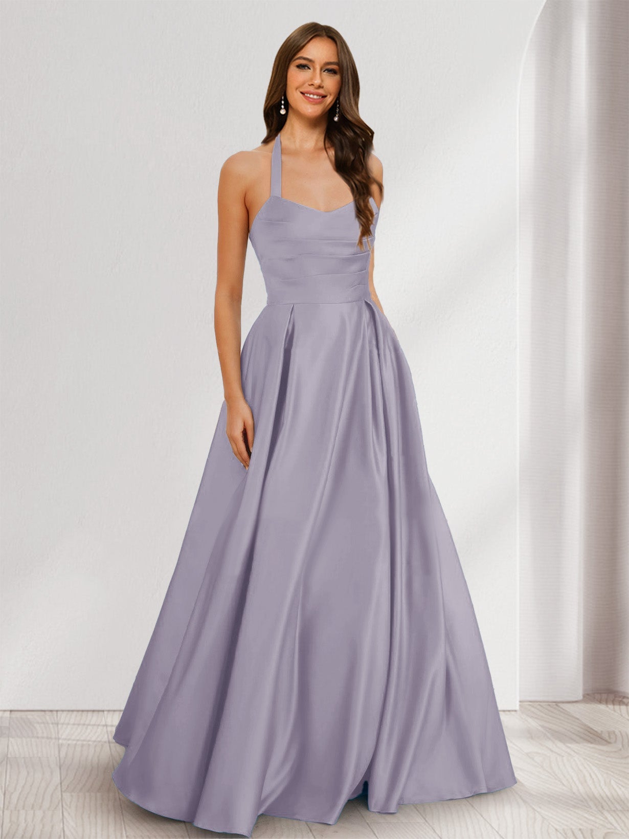 A-Line/Princess Halter Sleeveless Ruched Bridesmaid Dresses Wisteria