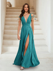 A-Line/Princess V-Neck Short Sleeves Applique Bridesmaid Dresses Aqua Blue
