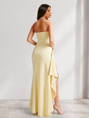 Sheath/Column Strapless Pleated Ruffle Bridesmaid Dresses with Split Side