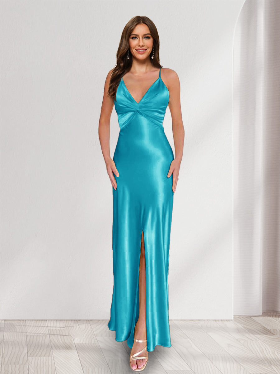 Sheath/Column Straps V-Neck Pleated Long Bridesmaid Dresses with Split Side Aqua Blue