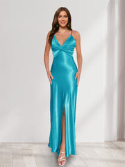 Sheath/Column Straps V-Neck Pleated Long Bridesmaid Dresses with Split Side Aqua Blue