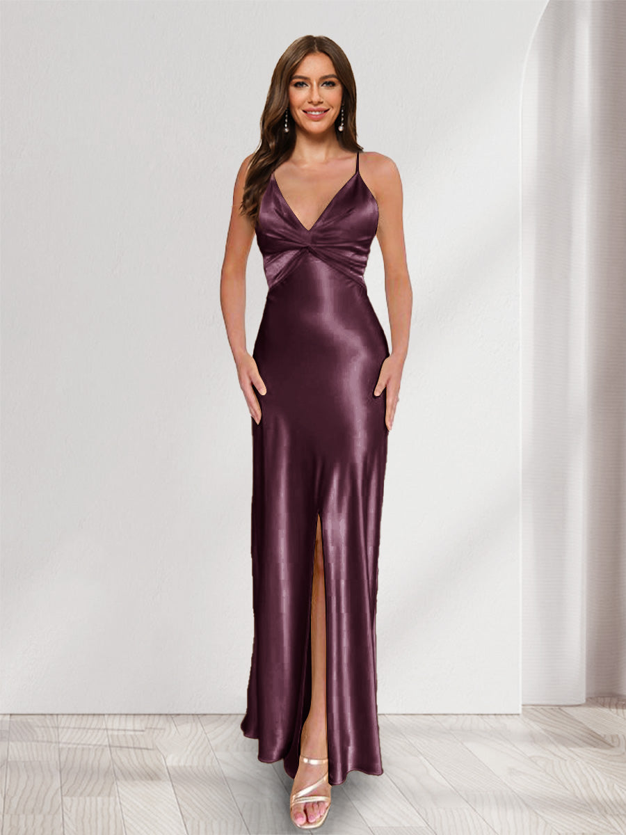Sheath/Column Straps V-Neck Pleated Long Bridesmaid Dresses with Split Side Burgundy
