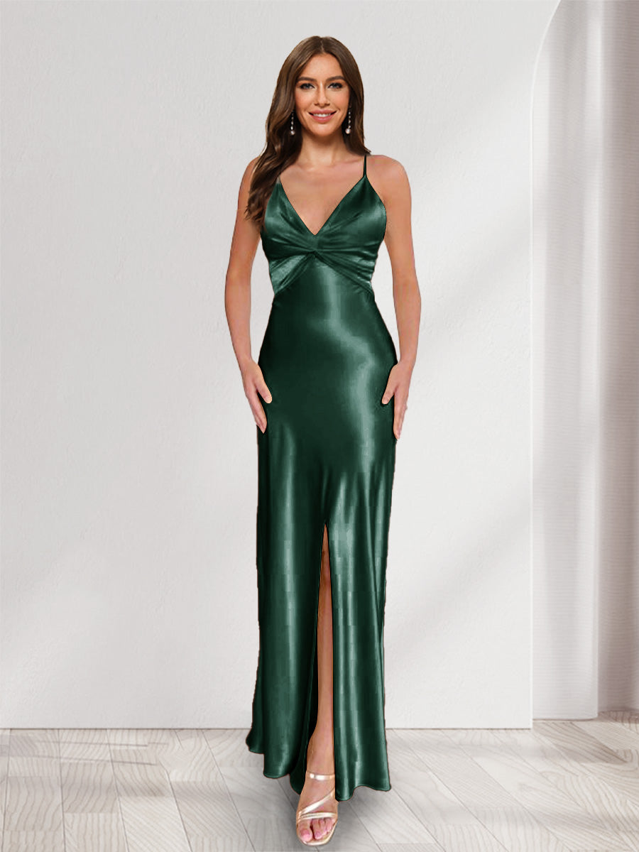 Sheath/Column Straps V-Neck Pleated Long Bridesmaid Dresses with Split Side Dark Green