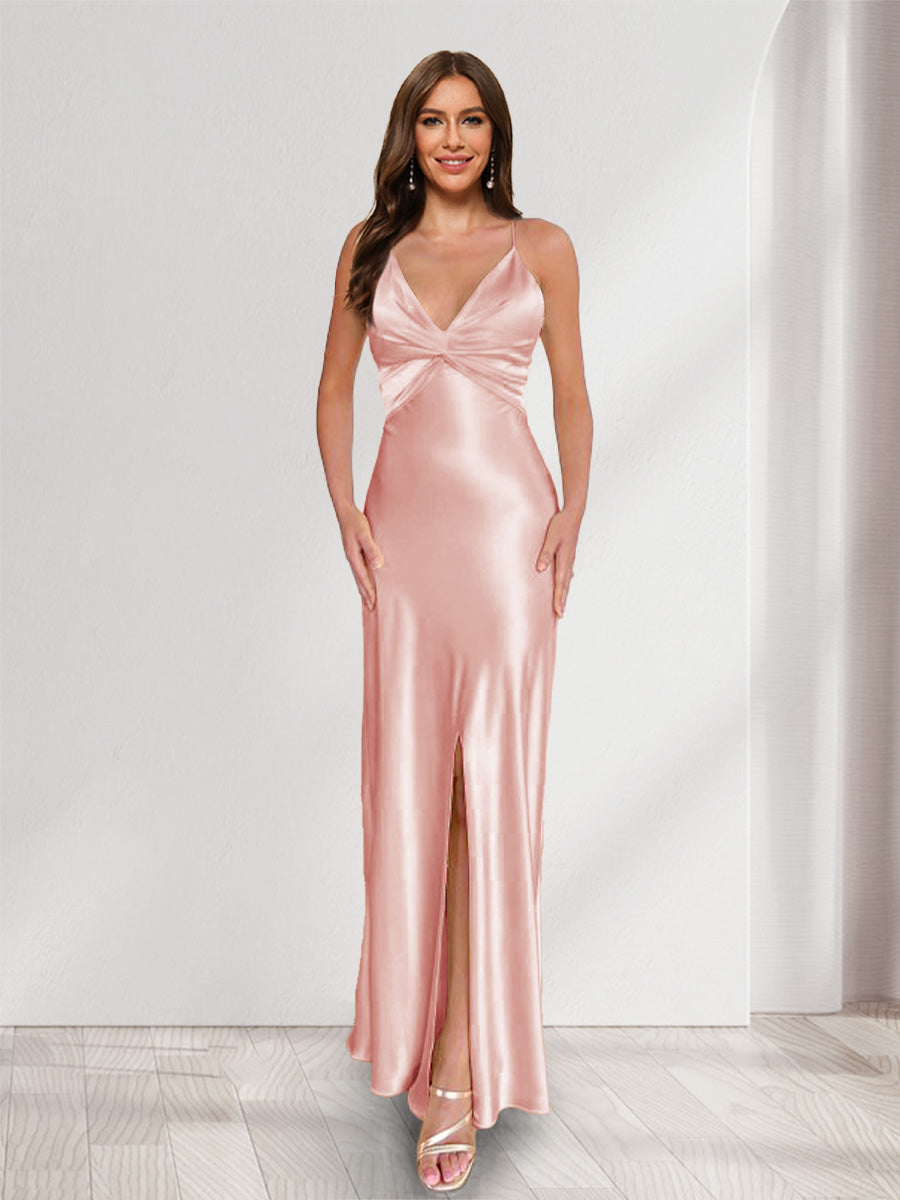 Sheath/Column Straps V-Neck Pleated Long Bridesmaid Dresses with Split Side Dusty Pink