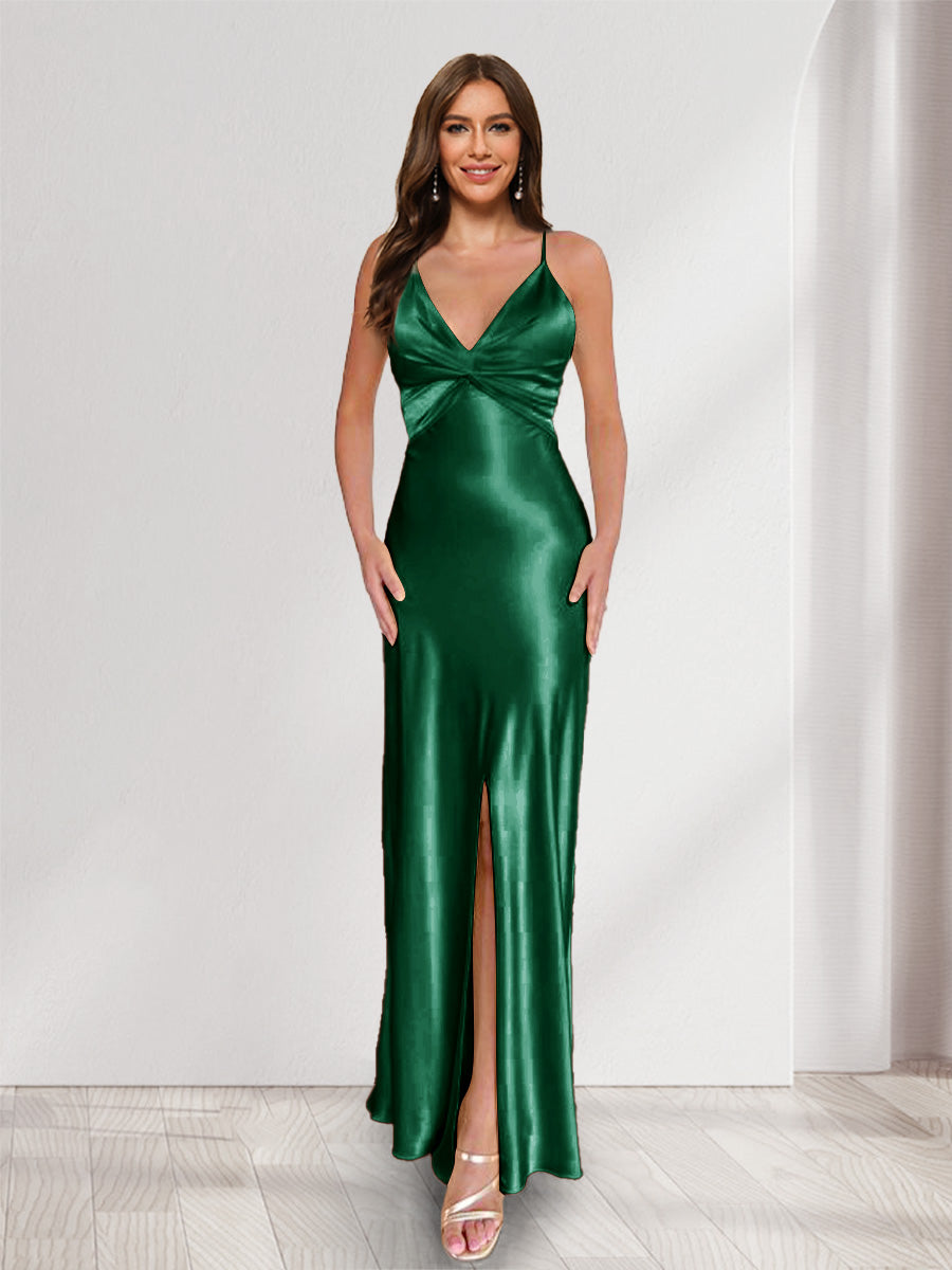 Sheath/Column Straps V-Neck Pleated Long Bridesmaid Dresses with Split Side Emerald
