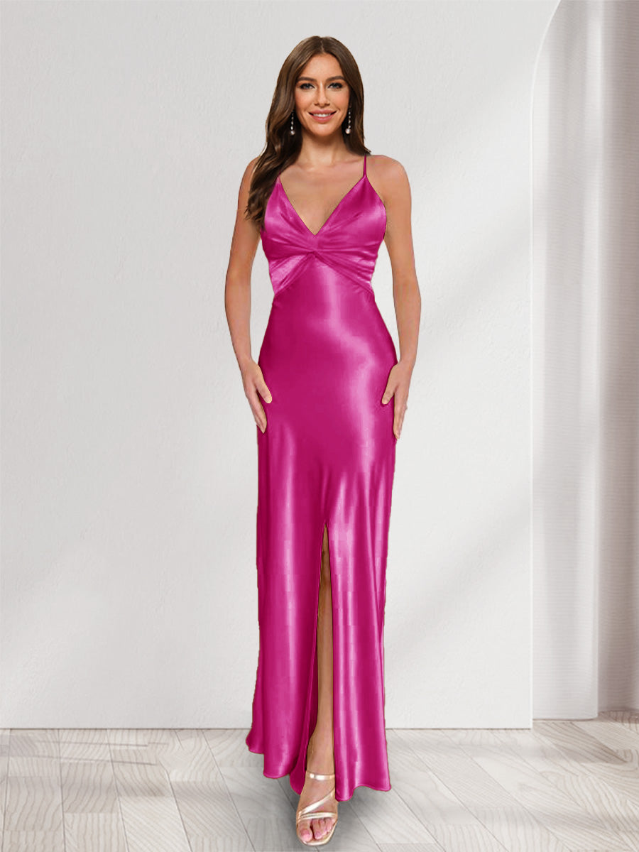 Sheath/Column Straps V-Neck Pleated Long Bridesmaid Dresses with Split Side Fuchsia