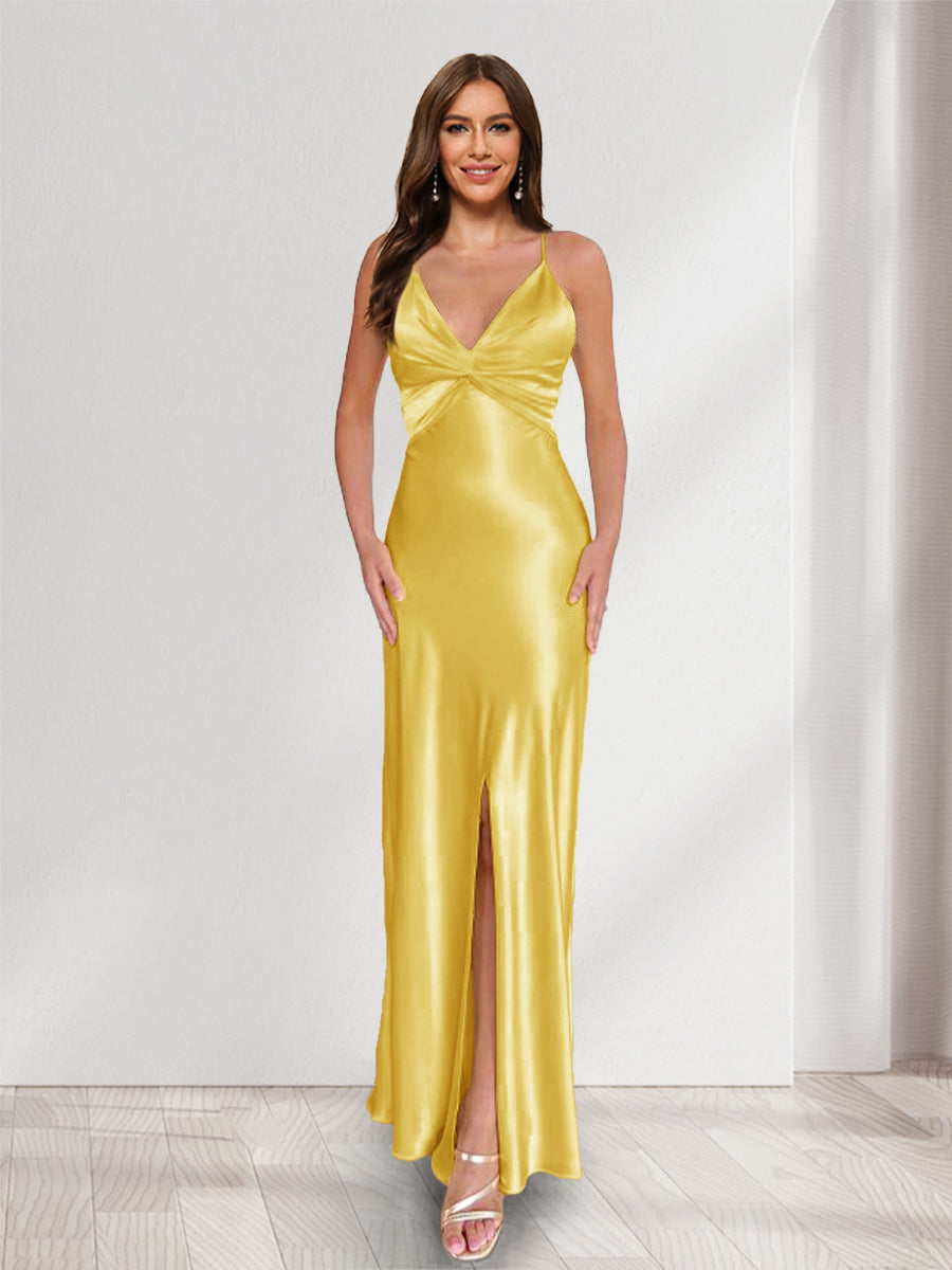 Sheath/Column Straps V-Neck Pleated Long Bridesmaid Dresses with Split Side Gold