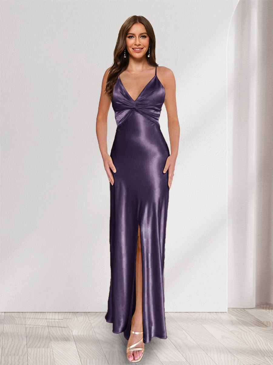 Sheath/Column Straps V-Neck Pleated Long Bridesmaid Dresses with Split Side Grape