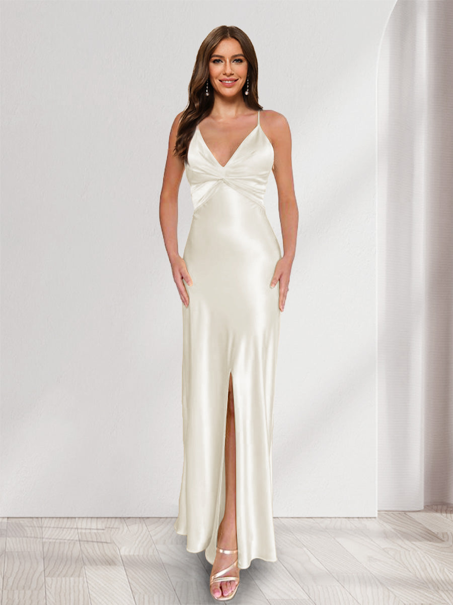 Sheath/Column Straps V-Neck Pleated Long Bridesmaid Dresses with Split Side Ivory