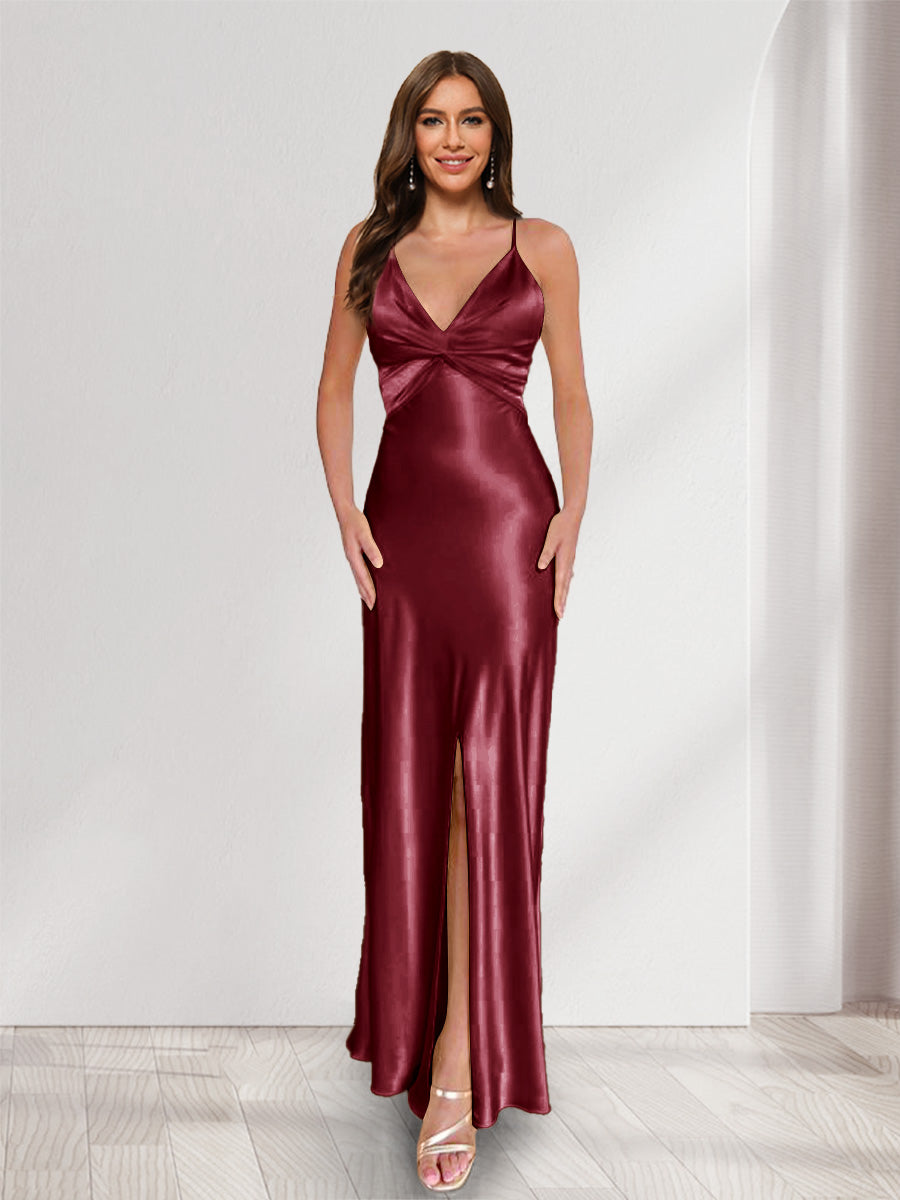 Sheath/Column Straps V-Neck Pleated Long Bridesmaid Dresses with Split Side Light Burgundy