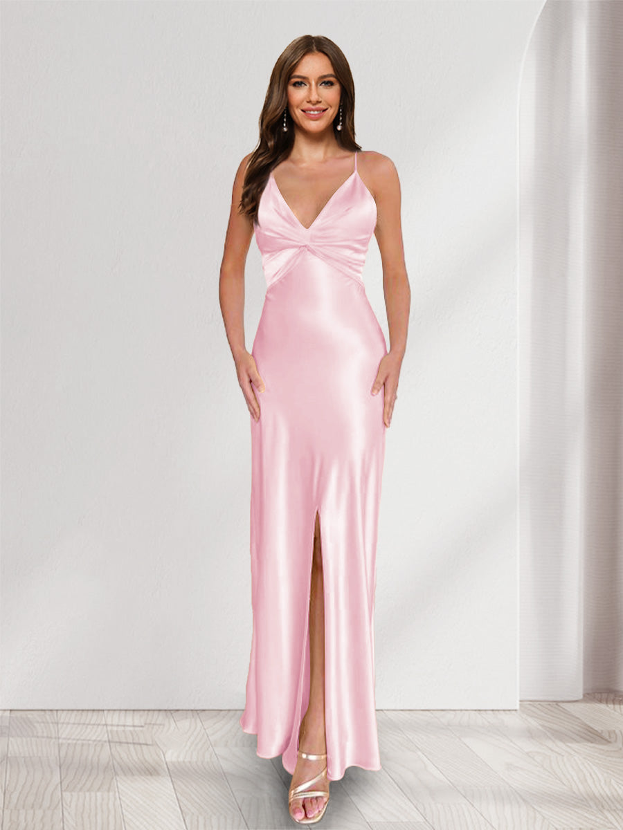 Sheath/Column Straps V-Neck Pleated Long Bridesmaid Dresses with Split Side Light Pink