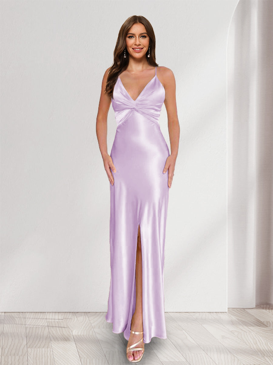 Sheath/Column Straps V-Neck Pleated Long Bridesmaid Dresses with Split Side Lilac