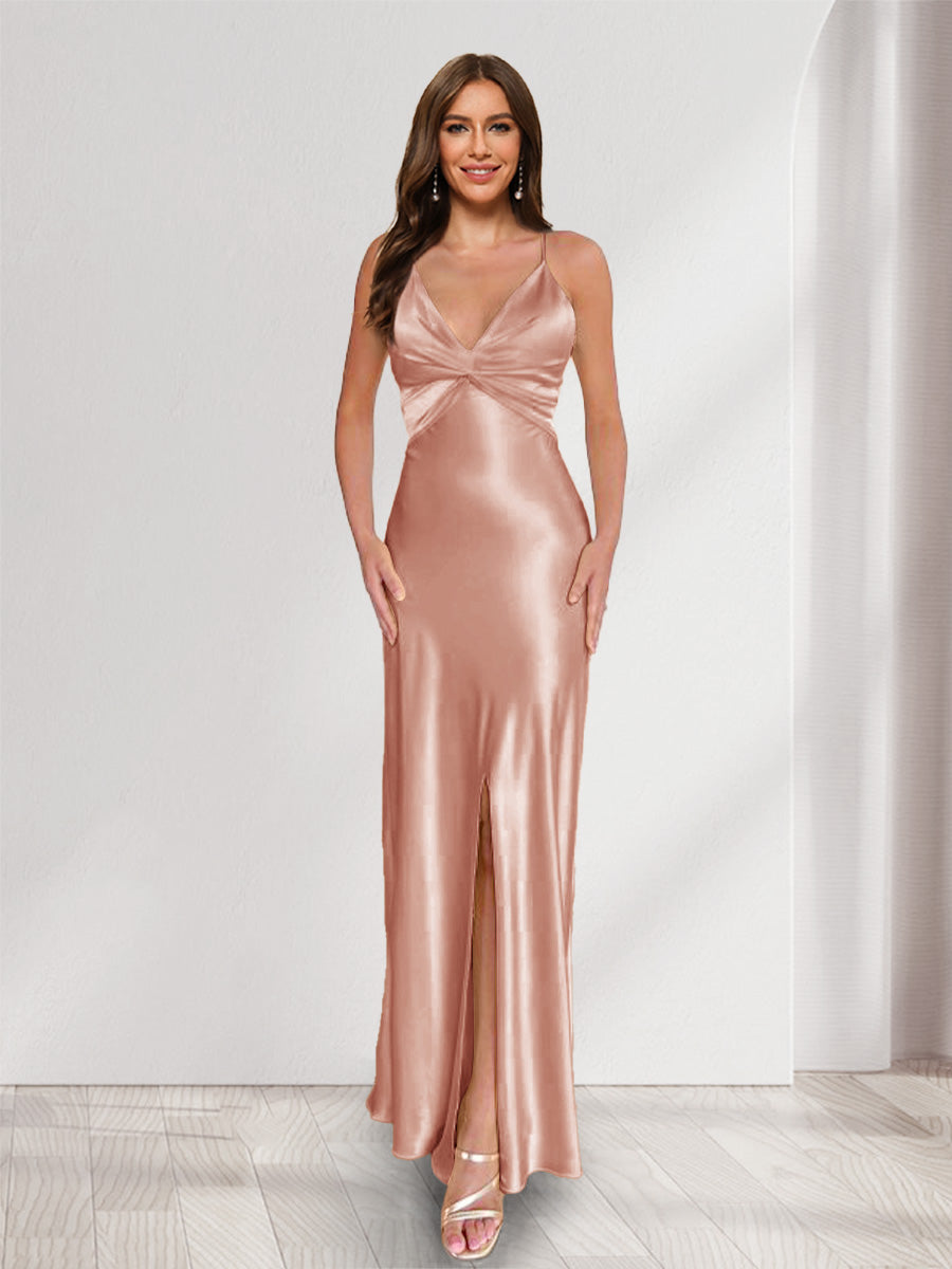 Sheath/Column Straps V-Neck Pleated Long Bridesmaid Dresses with Split Side Mauve