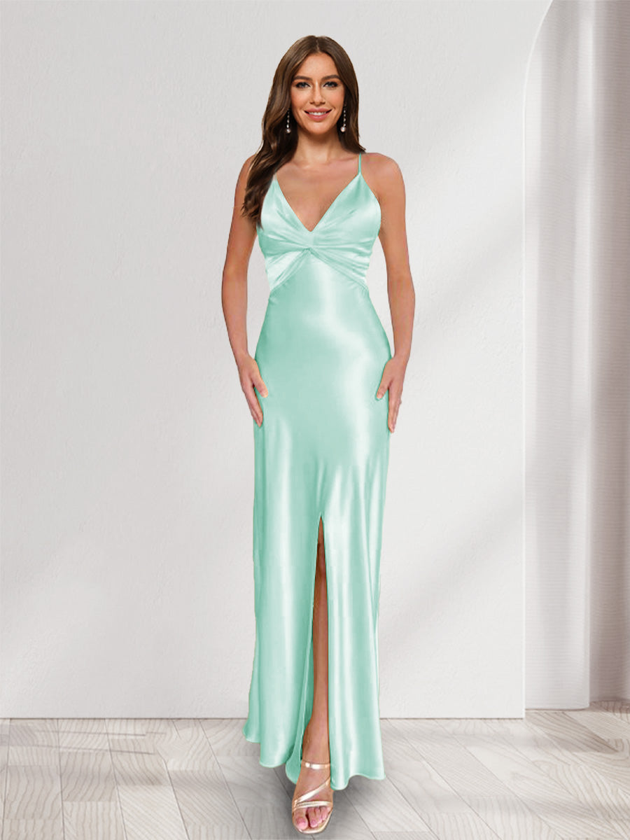 Sheath/Column Straps V-Neck Pleated Long Bridesmaid Dresses with Split Side Mist Blue