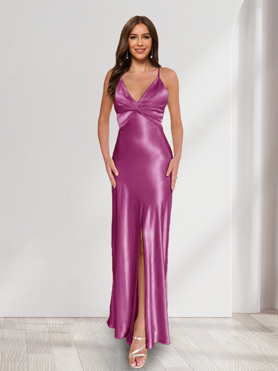 Sheath/Column Straps V-Neck Pleated Long Bridesmaid Dresses with Split Side Mulberry