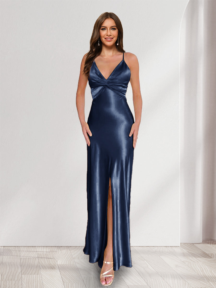 Sheath/Column Straps V-Neck Pleated Long Bridesmaid Dresses with Split Side Navy Blue
