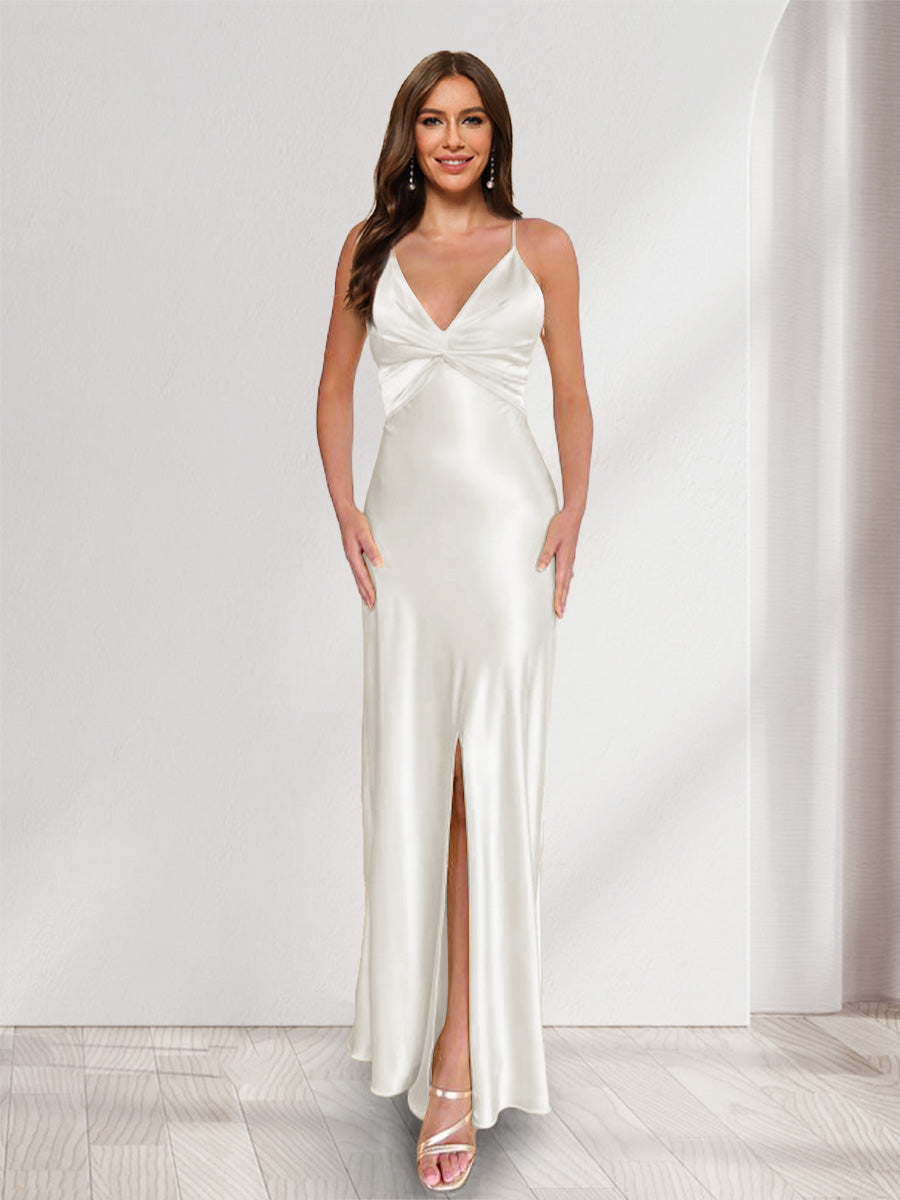 Sheath/Column Straps V-Neck Pleated Long Bridesmaid Dresses with Split Side Off White