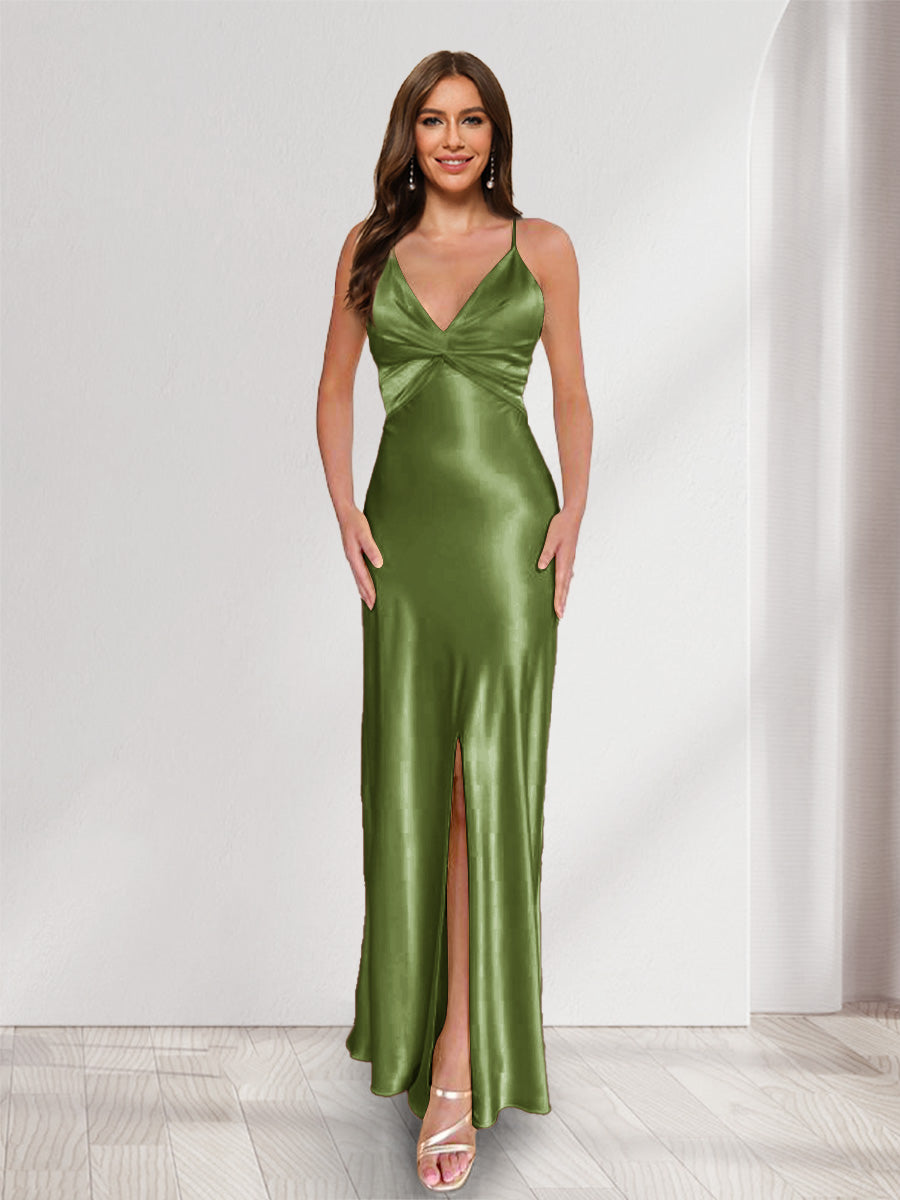 Sheath/Column Straps V-Neck Pleated Long Bridesmaid Dresses with Split Side Olive Green