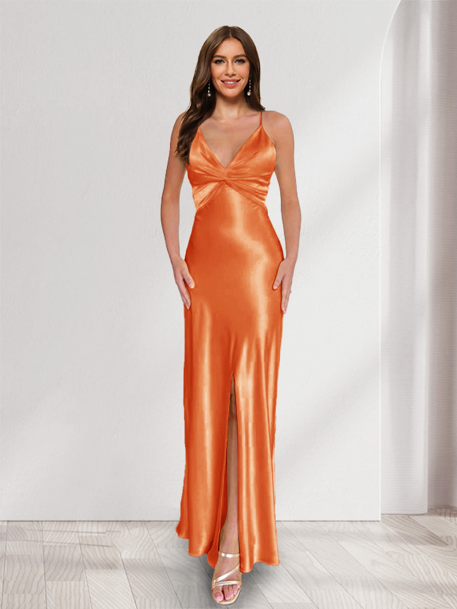Sheath/Column Straps V-Neck Pleated Long Bridesmaid Dresses with Split Side Orange