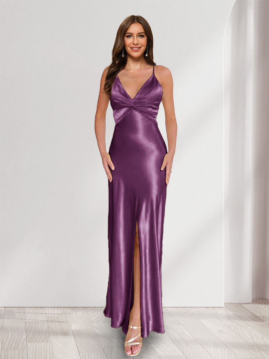 Sheath/Column Straps V-Neck Pleated Long Bridesmaid Dresses with Split Side Orchid