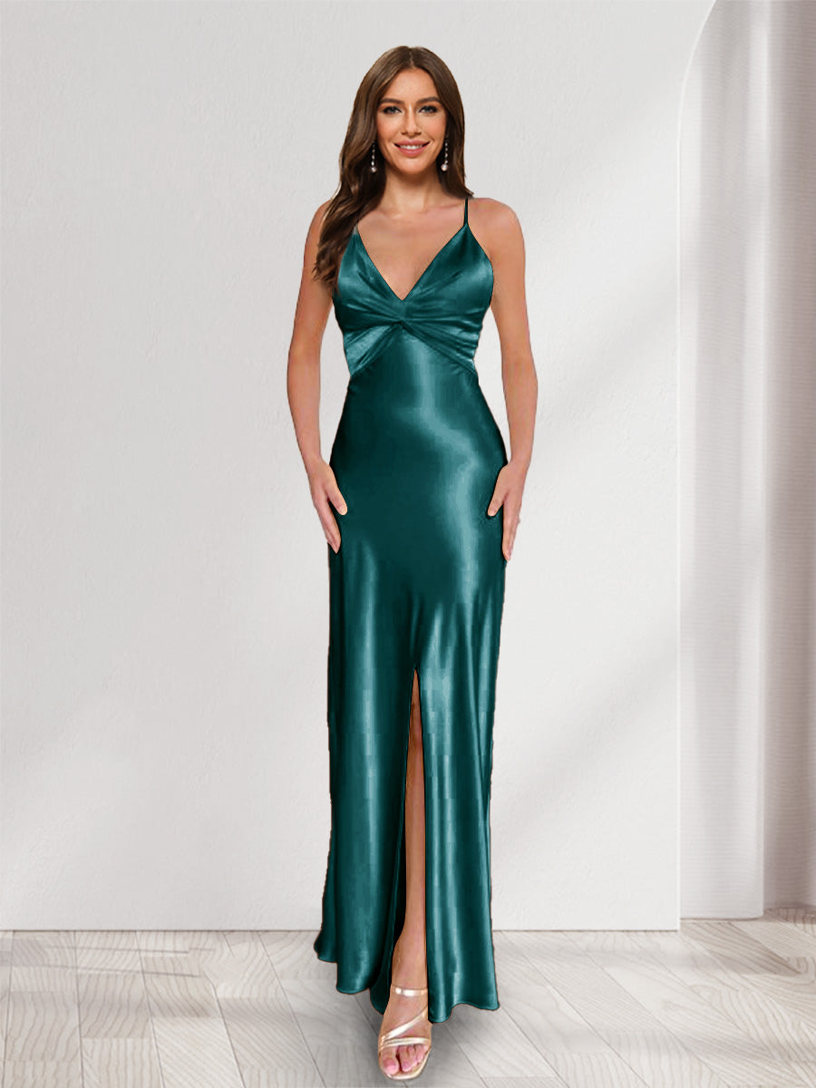Sheath/Column Straps V-Neck Pleated Long Bridesmaid Dresses with Split Side Peacock