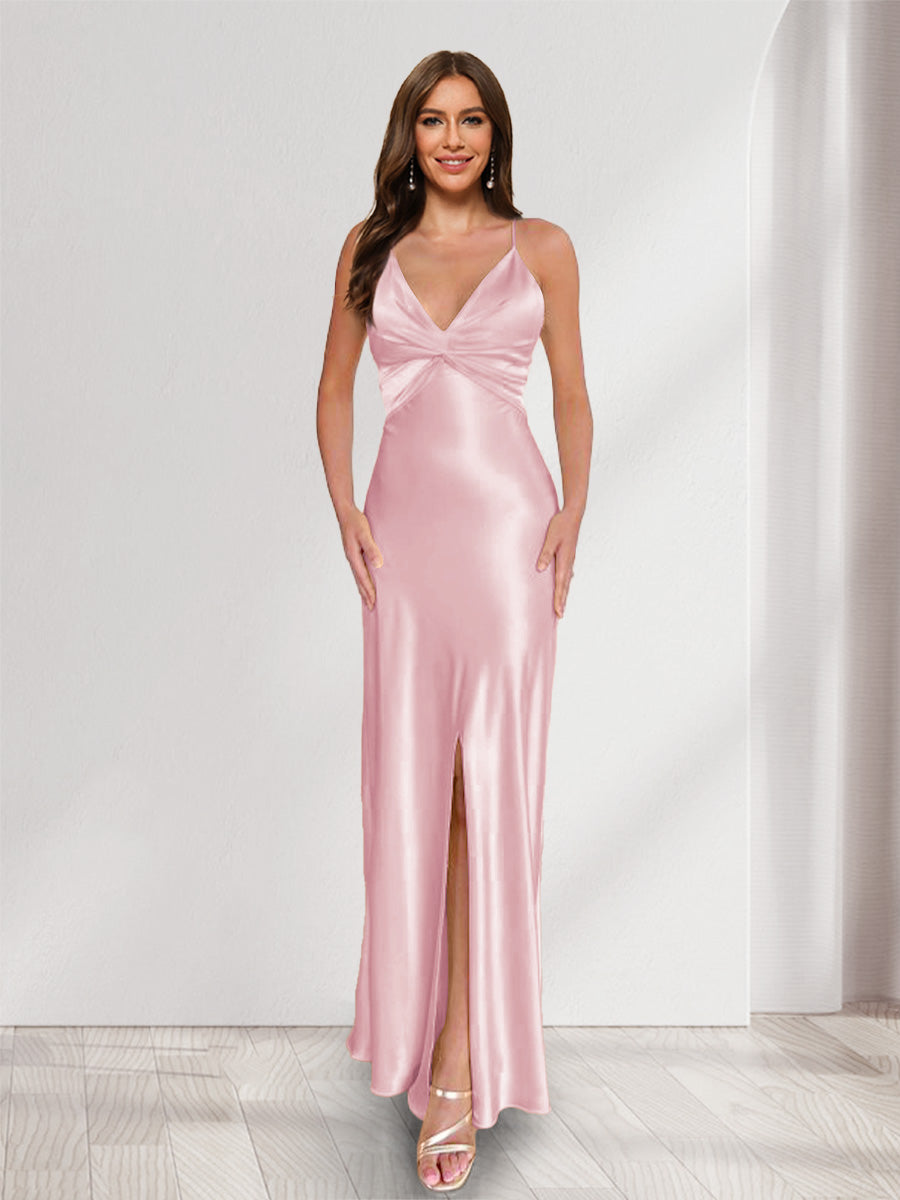 Sheath/Column Straps V-Neck Pleated Long Bridesmaid Dresses with Split Side Pink