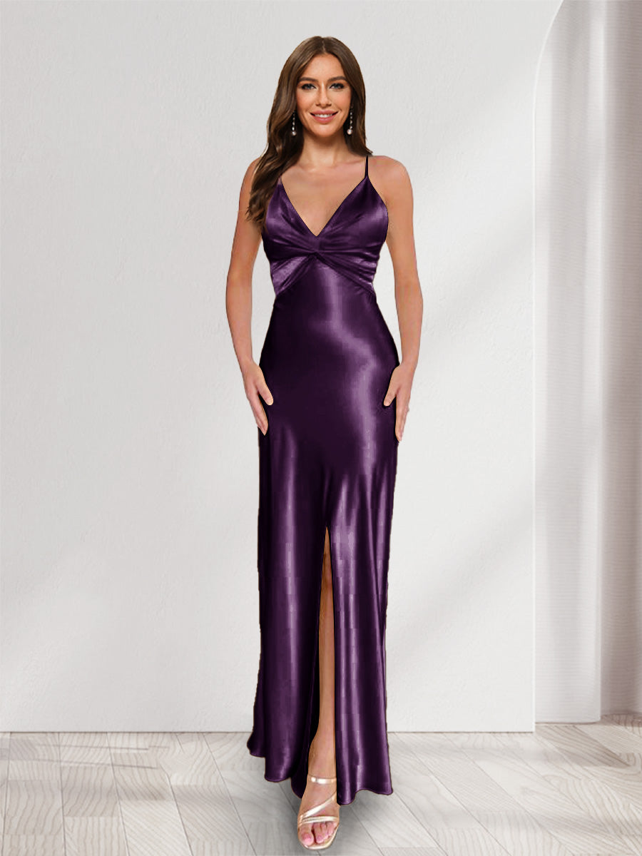 Sheath/Column Straps V-Neck Pleated Long Bridesmaid Dresses with Split Side Plum