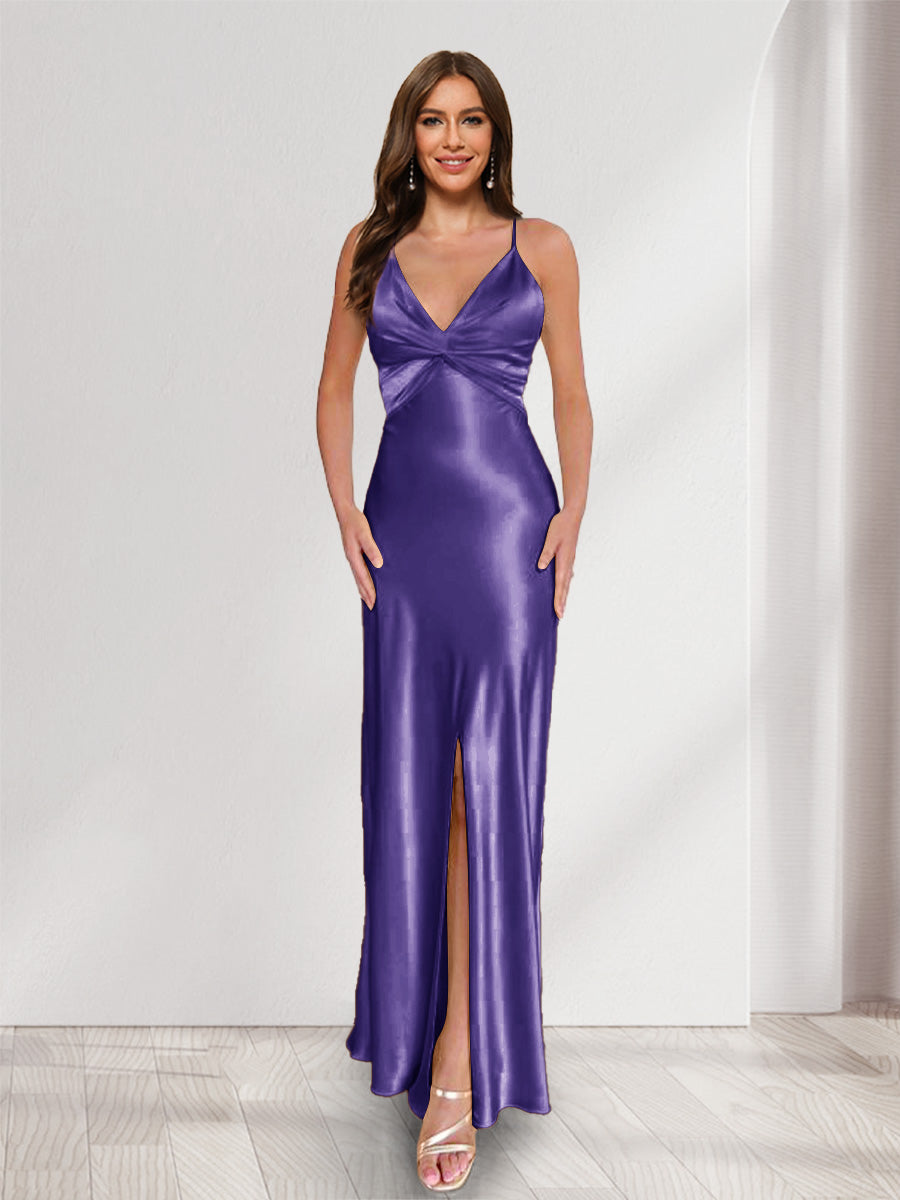 Sheath/Column Straps V-Neck Pleated Long Bridesmaid Dresses with Split Side Purple