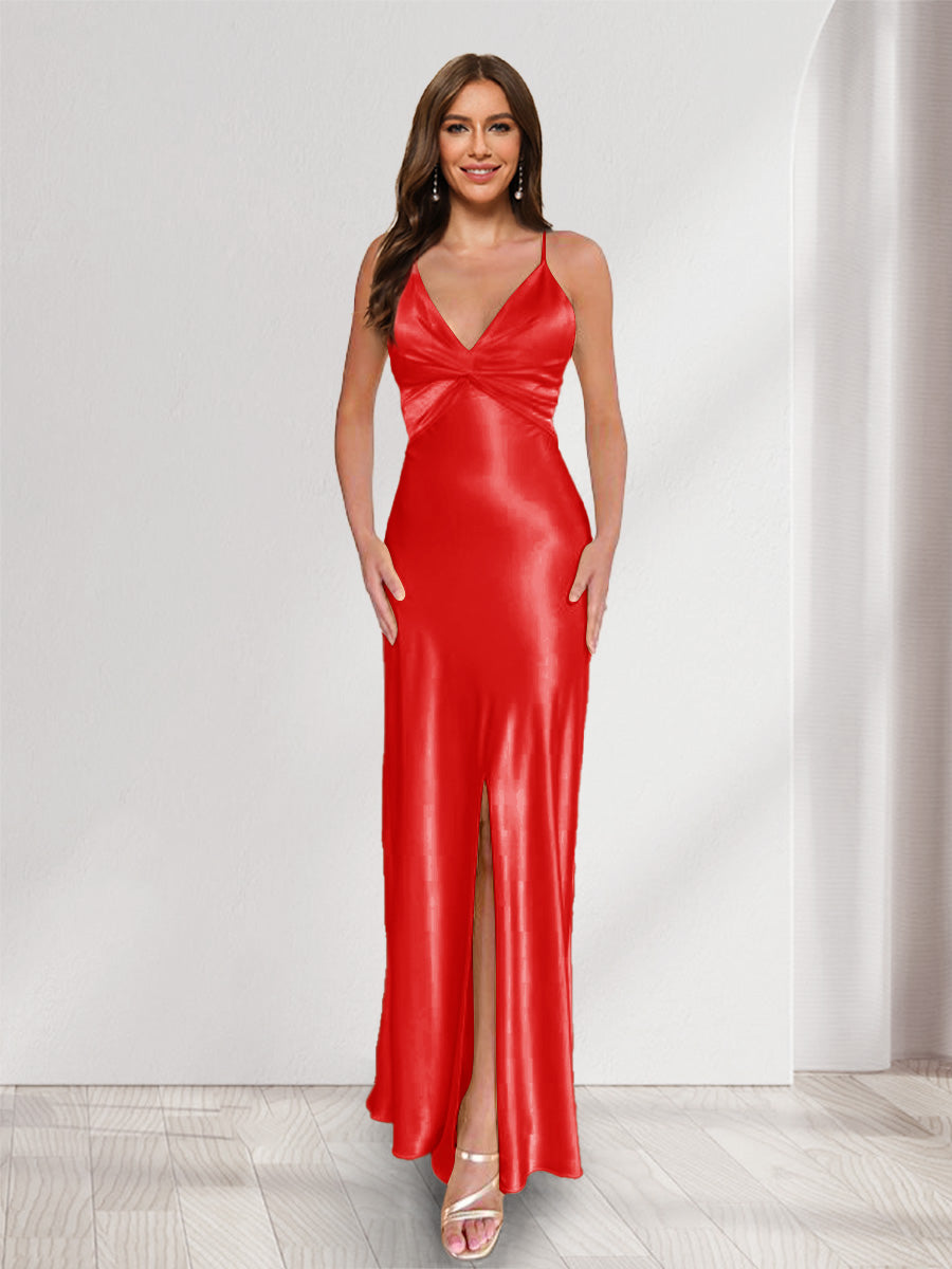 Sheath/Column Straps V-Neck Pleated Long Bridesmaid Dresses with Split Side Red