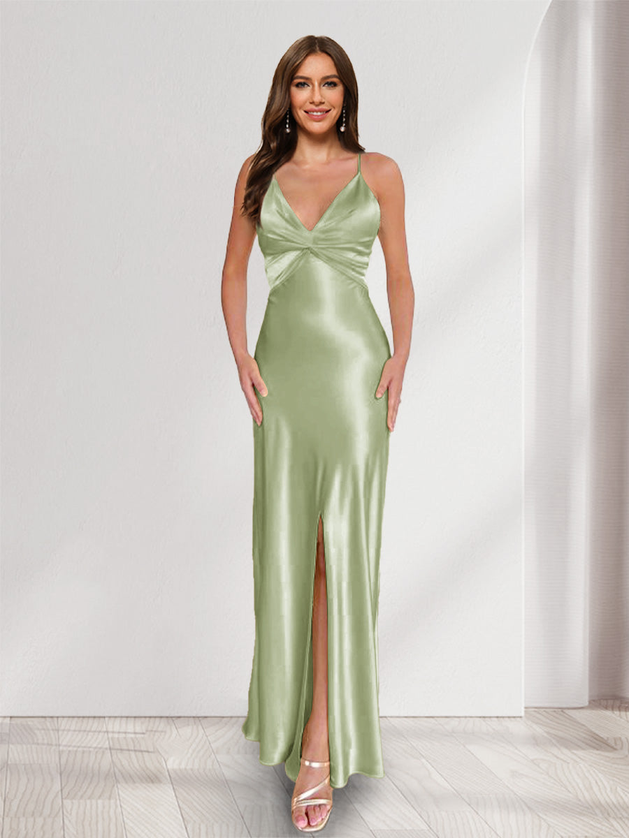 Sheath/Column Straps V-Neck Pleated Long Bridesmaid Dresses with Split Side Sage
