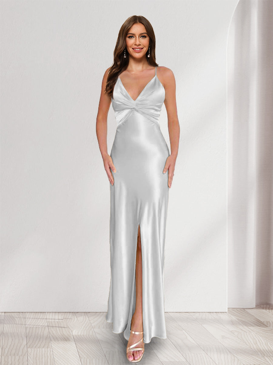 Sheath/Column Straps V-Neck Pleated Long Bridesmaid Dresses with Split Side Silver