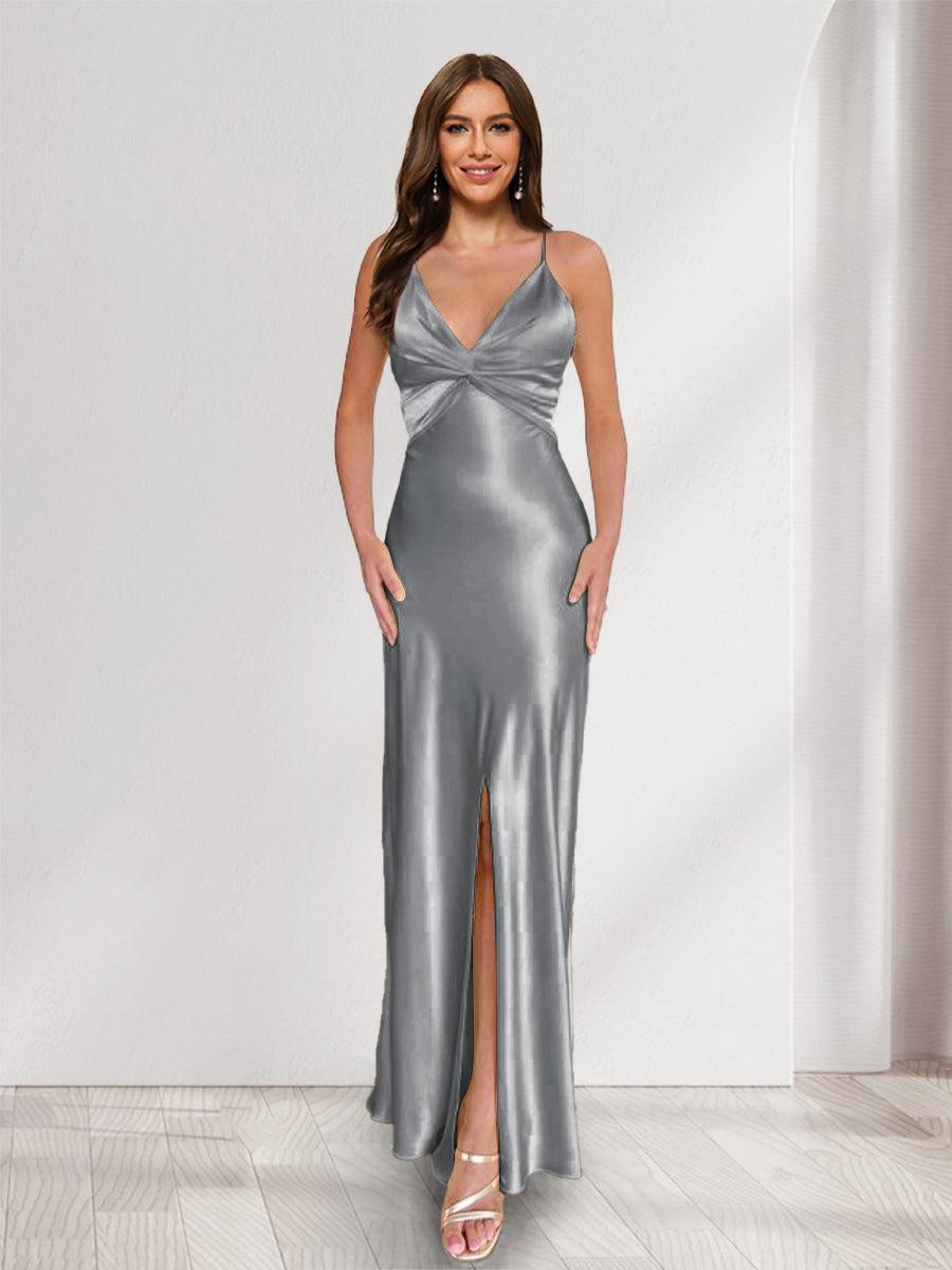 Sheath/Column Straps V-Neck Pleated Long Bridesmaid Dresses with Split Side Silver Gray