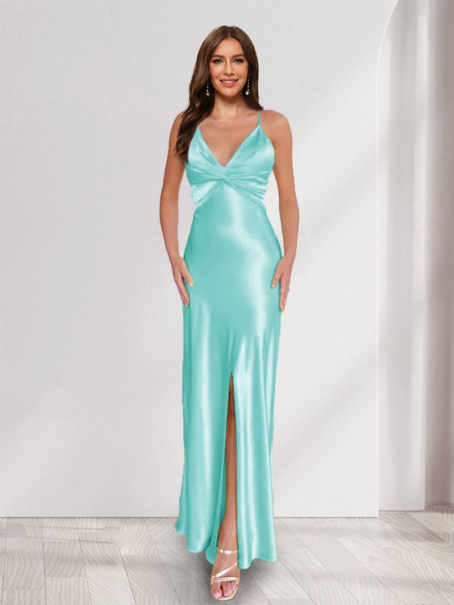 Sheath/Column Straps V-Neck Pleated Long Bridesmaid Dresses with Split Side Sky Blue