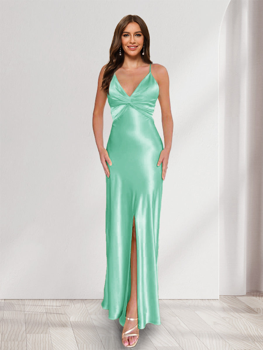 Sheath/Column Straps V-Neck Pleated Long Bridesmaid Dresses with Split Side Spa