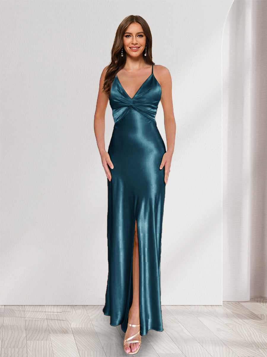Sheath/Column Straps V-Neck Pleated Long Bridesmaid Dresses with Split Side Teal