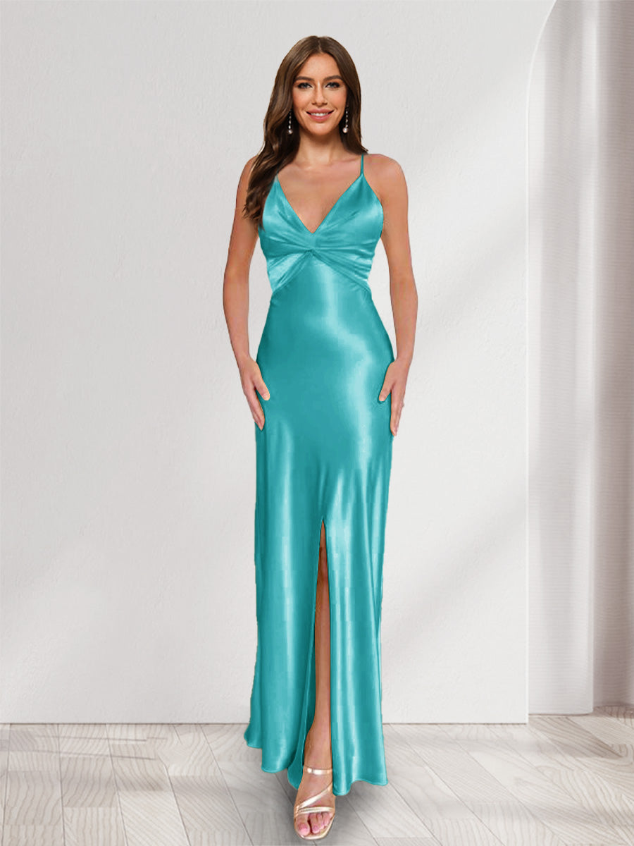 Sheath/Column Straps V-Neck Pleated Long Bridesmaid Dresses with Split Side Turquoise