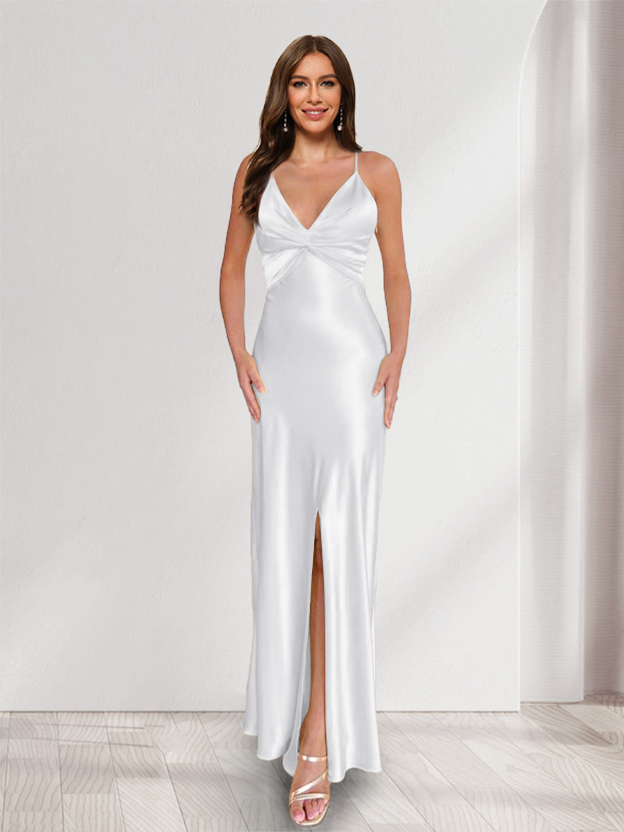 Sheath/Column Straps V-Neck Pleated Long Bridesmaid Dresses with Split Side White