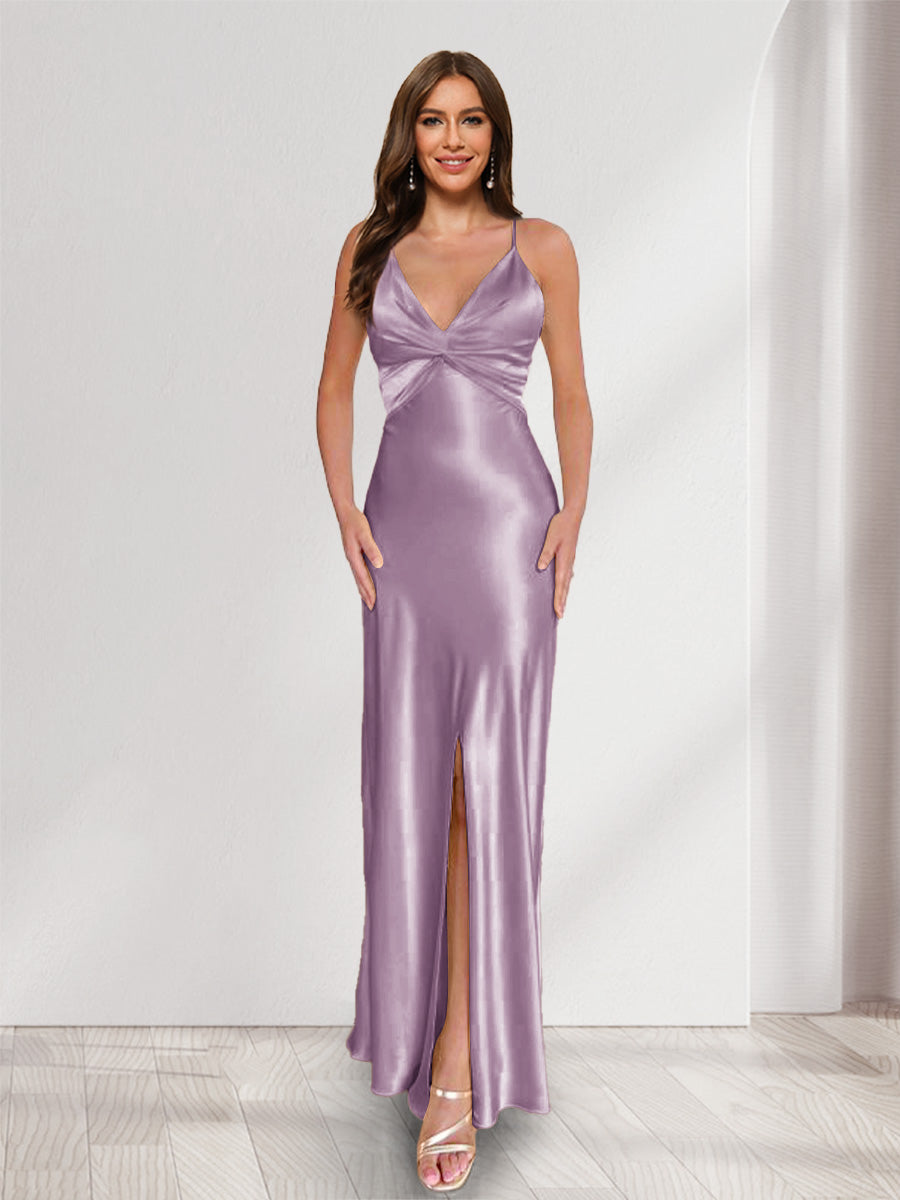 Sheath/Column Straps V-Neck Pleated Long Bridesmaid Dresses with Split Side Wisteria