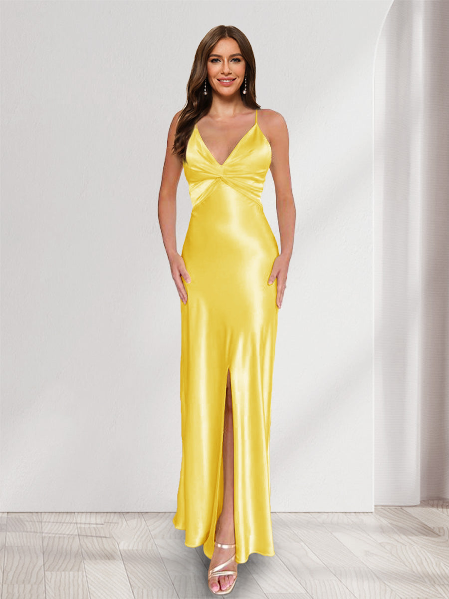 Sheath/Column Straps V-Neck Pleated Long Bridesmaid Dresses with Split Side Yellow