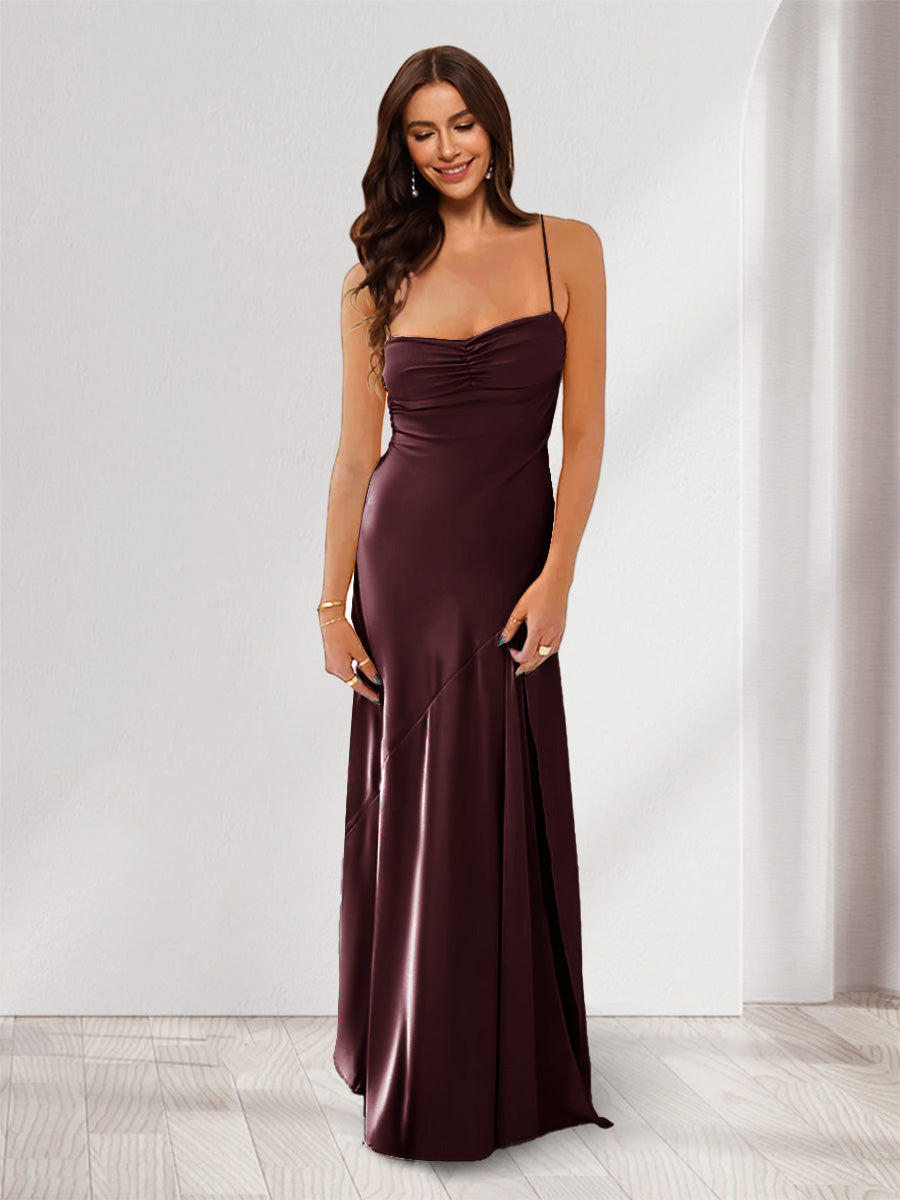 Sheath/Column Spaghetti Straps Pleated Long Bridesmaid Dresses with Split Side Burgundy