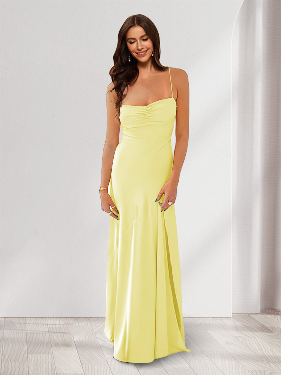 Sheath/Column Spaghetti Straps Pleated Long Bridesmaid Dresses with Split Side Canary