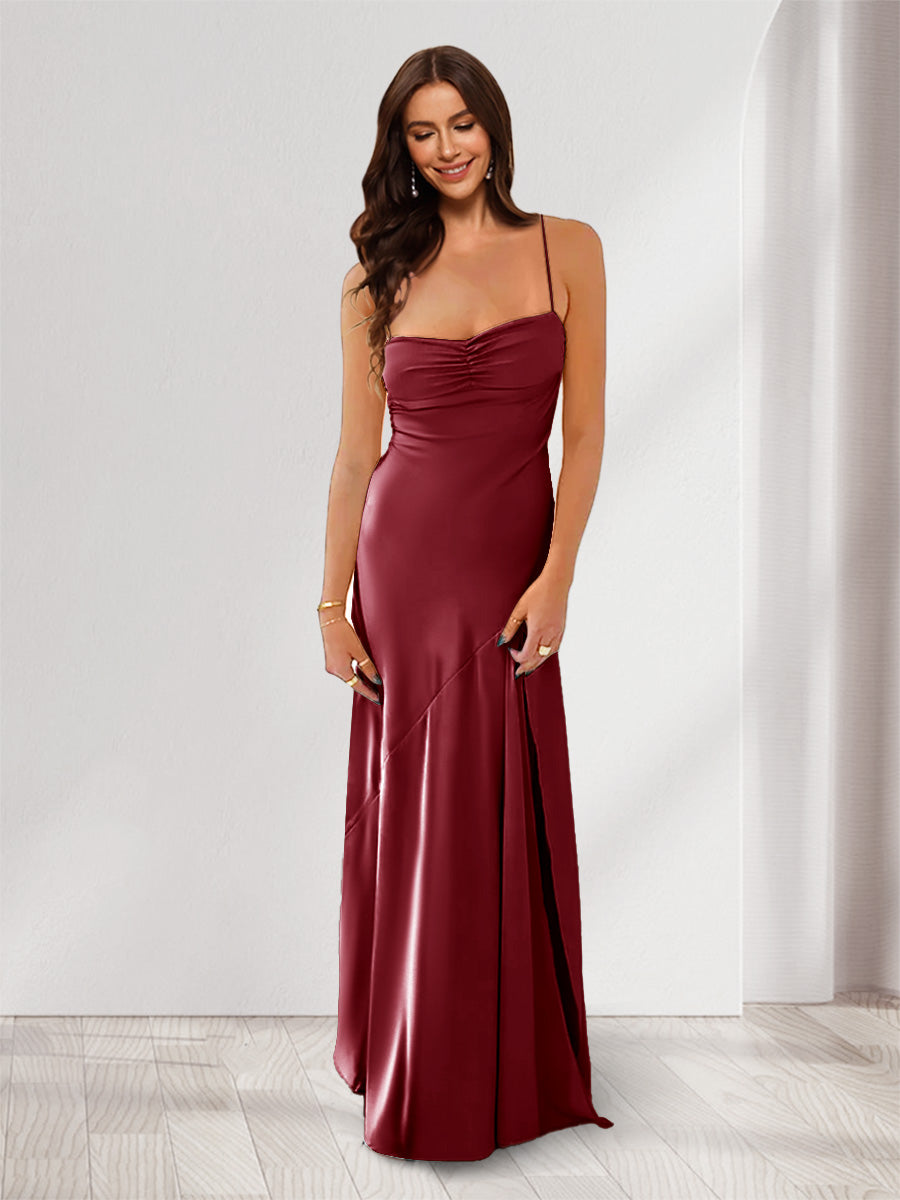 Sheath/Column Spaghetti Straps Pleated Long Bridesmaid Dresses with Split Side Light Burgundy