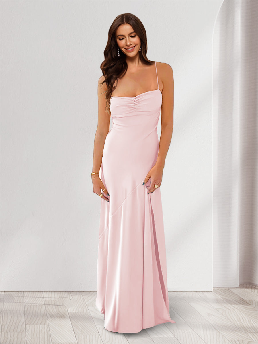 Sheath/Column Spaghetti Straps Pleated Long Bridesmaid Dresses with Split Side Light Pink